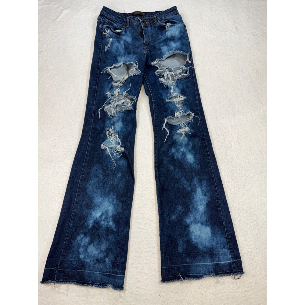 Zara Trafaluc Acid Wash Distressed Flare Jeans Dark Blue USA 6
